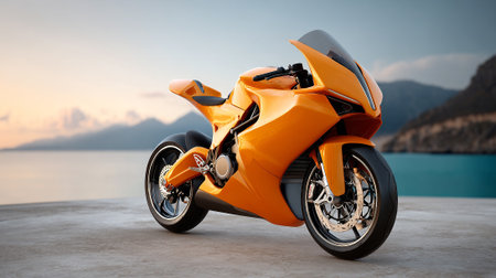 Sleek orange s motorcycle parked overlooking a scenic ocean view at dusk.の素材