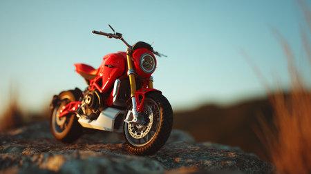 Dynamic Red Motorcycle Poised on Rough Terrain Under a Clear Blue Skyの素材