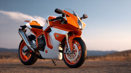 Sleek Orange and White Motorcycle Parked on Road at Sunset.の素材