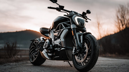 Sleek Black Motorcycle Parked on Asphalt Road with Sunset Backgroundの素材