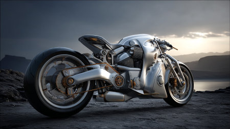 Futuristic Silver Motorcycle on a Stark Landscape with Dramatic Skyの素材