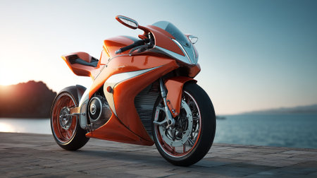 Sleek Orange Motorcycle Parked by the Coastline on a Sunny Dayの素材