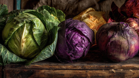 Fresh and Vibrant Cabbage Heads Showcase a Range of Colors and Texturesの素材