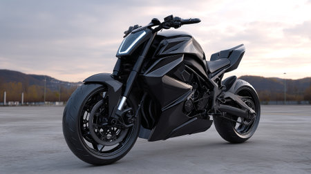 Striking Black Motorcycle: A Study in Modern Design and Engineering Excellenceの素材