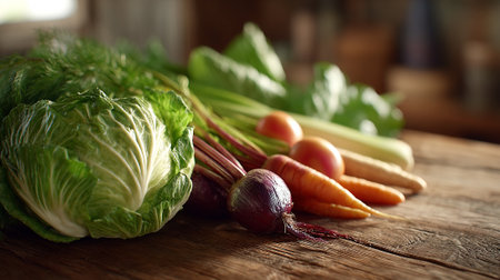 Freshly Harvested Vegetables Displayed on a Rustic Wooden Table Surfaceの素材