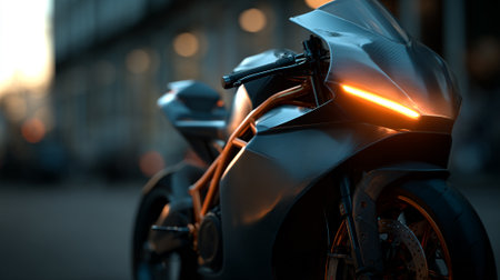 Sleek Modern Motorcycle on Urban Street with Striking Orange Frame Accentsの素材