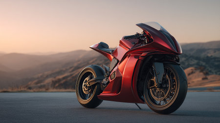 Sleek Red Motorcycle Against a Mountain Sunset, Ready to Rideの素材