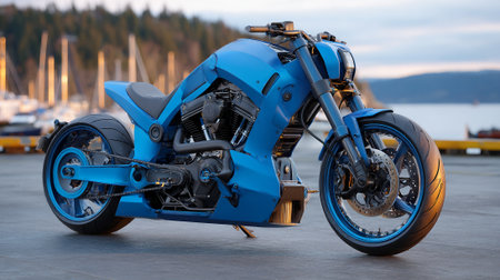 Striking blue custom motorcycle parked at harbor pier in the golden light.の素材