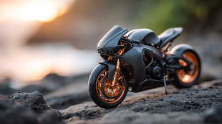 Sleek Carbon Fiber Motorcycle with Bronze Accents Resting on Rough Terrainの素材