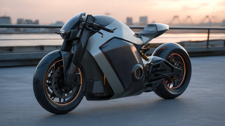Futuristic Motorcycle on a Rooftop Against a City Skyline at Sunsetの素材