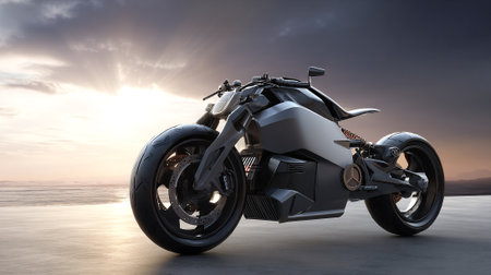 Futuristic Motorcycle at Sunset: Modern Design Meets Open Road Majestyの素材