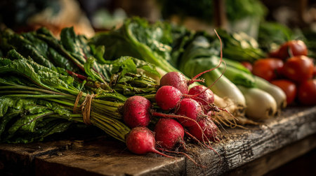 Freshly harvested garden vegetables arranged artfully on a rustic wooden table surface.の素材