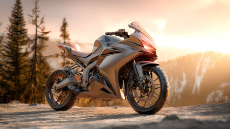 Sleek Honda Motorcycle Posed Against Scenic Mountain Vista at Golden Hourの素材