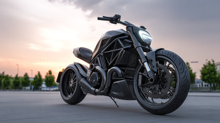 Sleek Black Motorcycle Stands Poised Against a Serene Sky Backgroundの素材