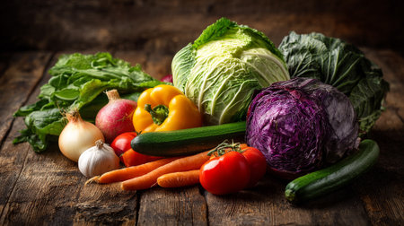 Fresh farm vegetables assortment on rustic wooden table create wholesome moodの素材