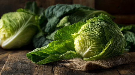 Fresh Savoy Cabbages Displayed Artistically on Rustic Wooden Tableの素材