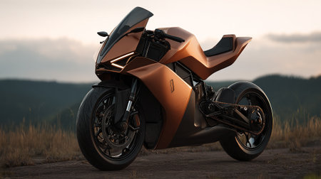 Sleek Futuristic Motorcycle in Desert Landscape Displaying Technological Advancement and Modern Designの素材