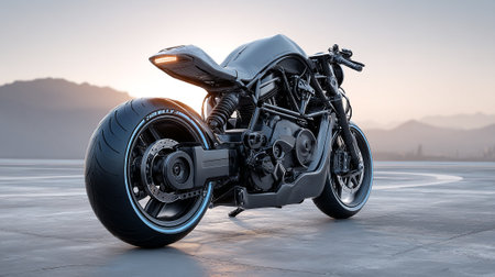 Striking Black Motorcycle Showcased on Modern Concrete Surface Against a Blurred Mountain Landscapeの素材