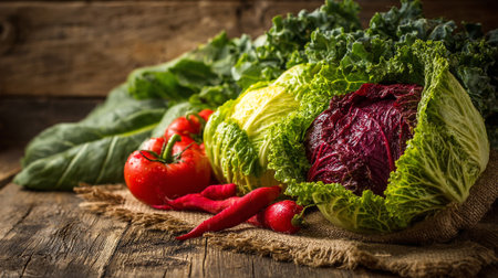 Fresh Farm Vegetables on Rustic Wood Surface with Natural Lightの素材