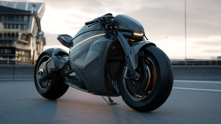 Sleek Futuristic Motorcycle with Cutting Edge Design and Advanced Technology Displayed Outdoorsの素材