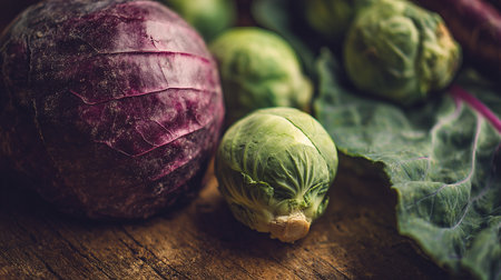 Freshly Harvested Red Cabbage and Brussels Sprouts Displayed on Rustic Woodの素材