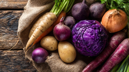 Freshly Harvested Vegetables: A Colorful Still Life Arrangement on Burlapの素材