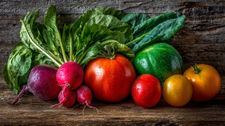 Colorful Fresh Vegetables Composition on Rustic Wood: A Healthy Harvest Still Lifeの素材
