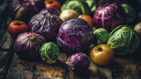 Rustic Still Life of Fresh Vegetables on Distressed Wooden Surfaceの素材