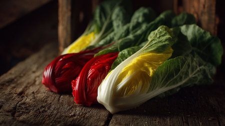 Vibrant Rainbow Chard: A Row of Colorful Leaves on Rustic Woodの素材