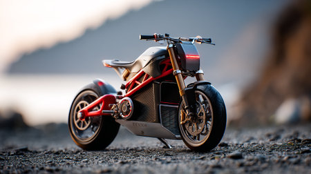 Sleek Electric Motorcycle on Rocky Shoreline: Modern Design Meets Natural Beautyの素材