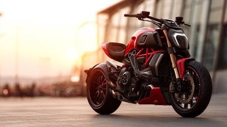 Striking red and black Ducati Diavel motorcycle parked outdoors during the golden hour.の素材