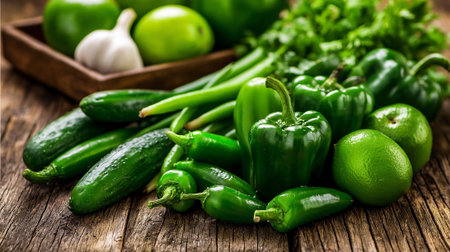Fresh green vegetables and fruits on rustic wooden surface arrangementの素材