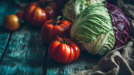 Fresh garden vegetables on rustic blue wood surface offer vibrant colors.の素材