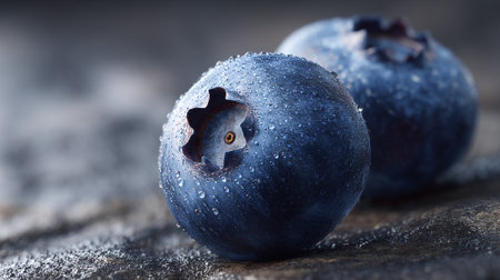 Fresh blueberries with water droplets on a rustic surface showing healthy food.の素材