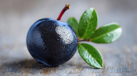 Dew-Kissed Blackthorn Berry: A Glistening Jewel of Nature's Bounty on Rustic Woodの素材