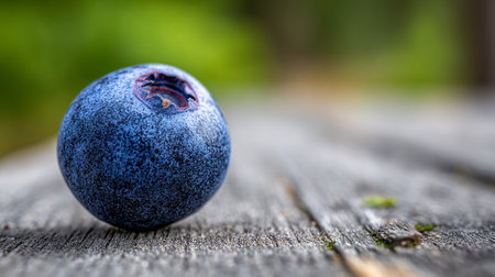 A Single Blueberry Resting on an Aged, Textured Wooden Surfaceの素材