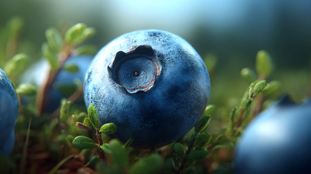 Blueberry macro shot in lush green foliage, healthy delicious fruitの素材