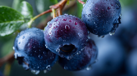 Fresh blueberries on branch with water droplets in a macro shotの素材