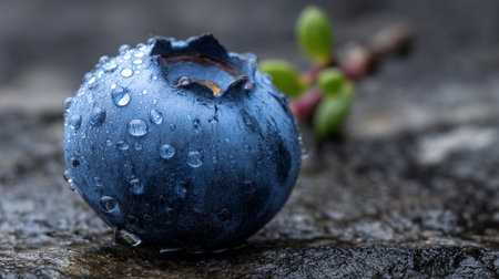 A single blueberry glistening with water droplets on a textured surface.の素材