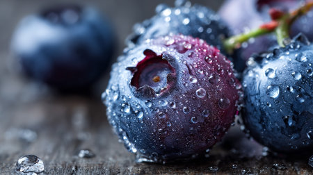 Fresh blueberries glistening with water droplets, presented on a rustic wooden surface.の素材