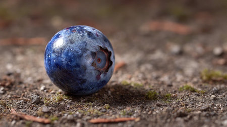 A single blueberry rests on the ground, glistening with natural beauty.の素材