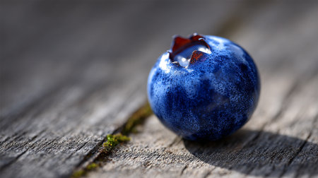 Single Blueberry Resting on Weathered Wood Grain Surface in Sharp Focusの素材