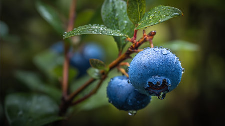 Dew Kissed Blueberries: Fresh Berries on a Branch After a Rain Showerの素材