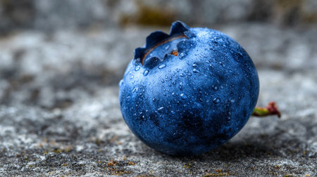 A Singular Blueberry Displaying Freshness with Water Droplets on a Textured Surfaceの素材