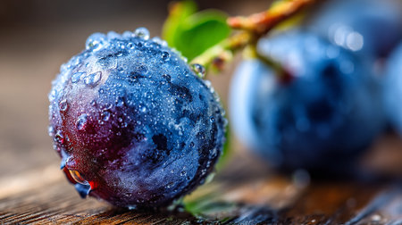 Fresh blueberries covered in dewdrops on rustic wood surface, extreme macroの素材