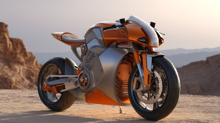 Futuristic Motorcycle Displayed in Desert Landscape, a Fusion of Technology and Adventureの素材