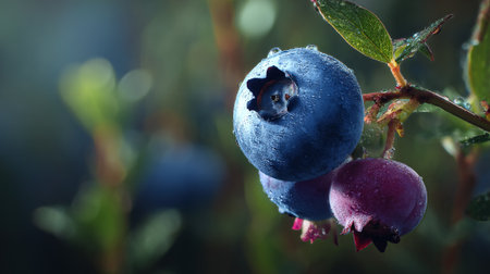 Captivating blueberries glimmering with dew drops hang off a delicate branchの素材