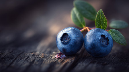 Fresh blueberries with dew drops on a rustic wooden surface.の素材