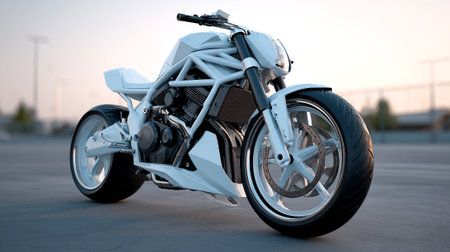 Sleek White Custom Motorcycle Parked on Asphalt with Urban Sunset Backdropの素材