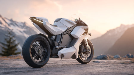 Futuristic White Motorcycle Against a Scenic Mountain Backdrop at Sunsetの素材